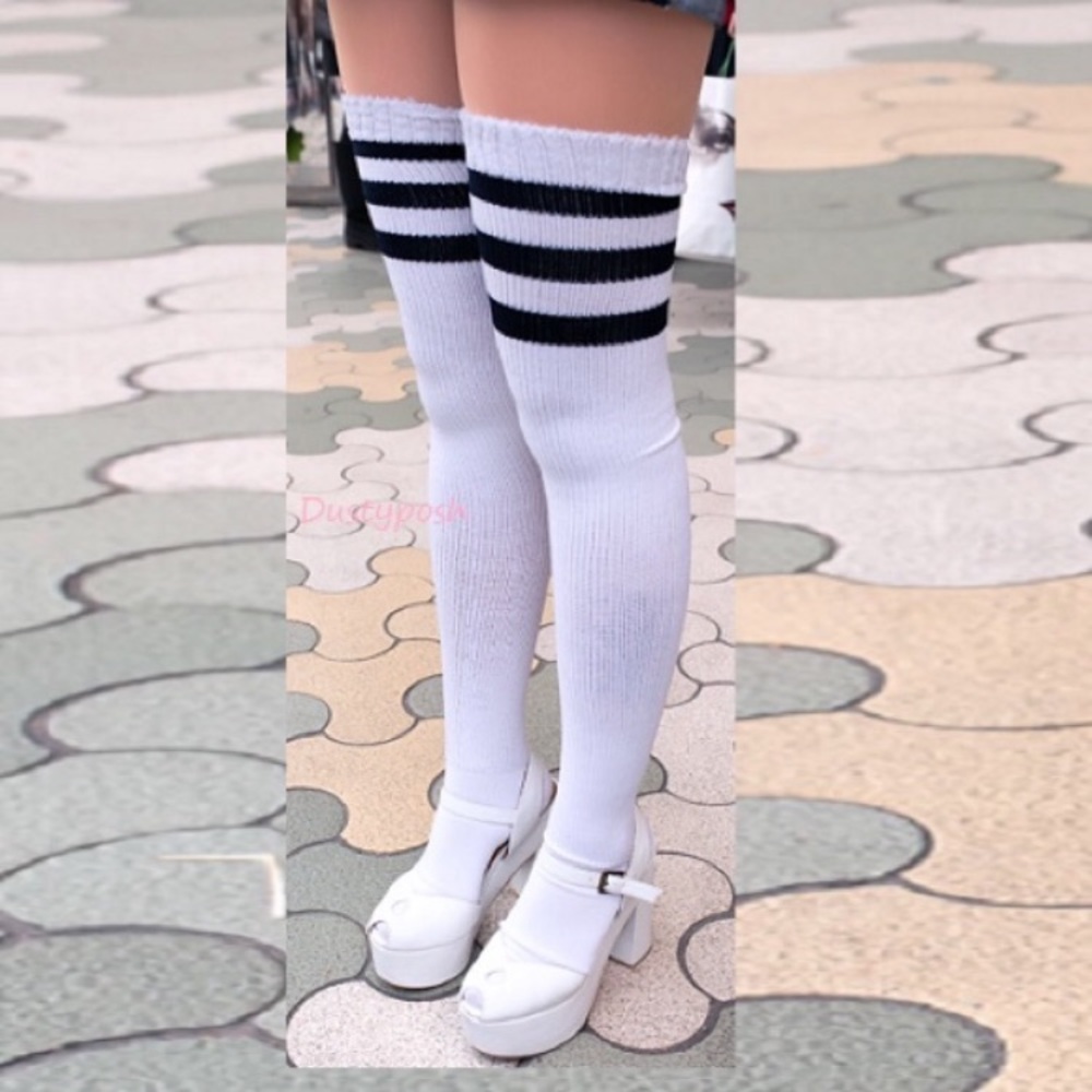 American Apparel Thigh High Socks White Black White Long Ribbed Y2K Discontinued - Picture 6 of 8